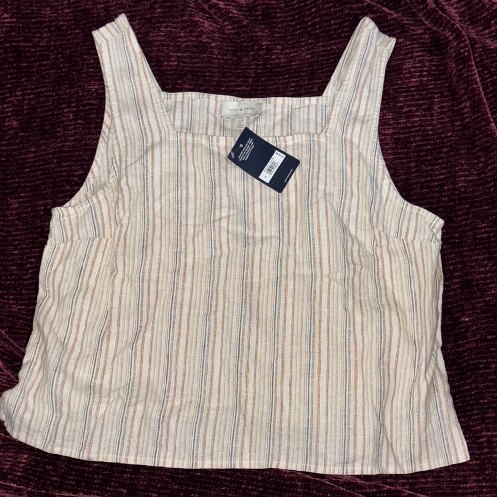 (40) Lucky Brand Tan and Cream Ribbed Sleeveless Tank Top - Picture 3 of 7